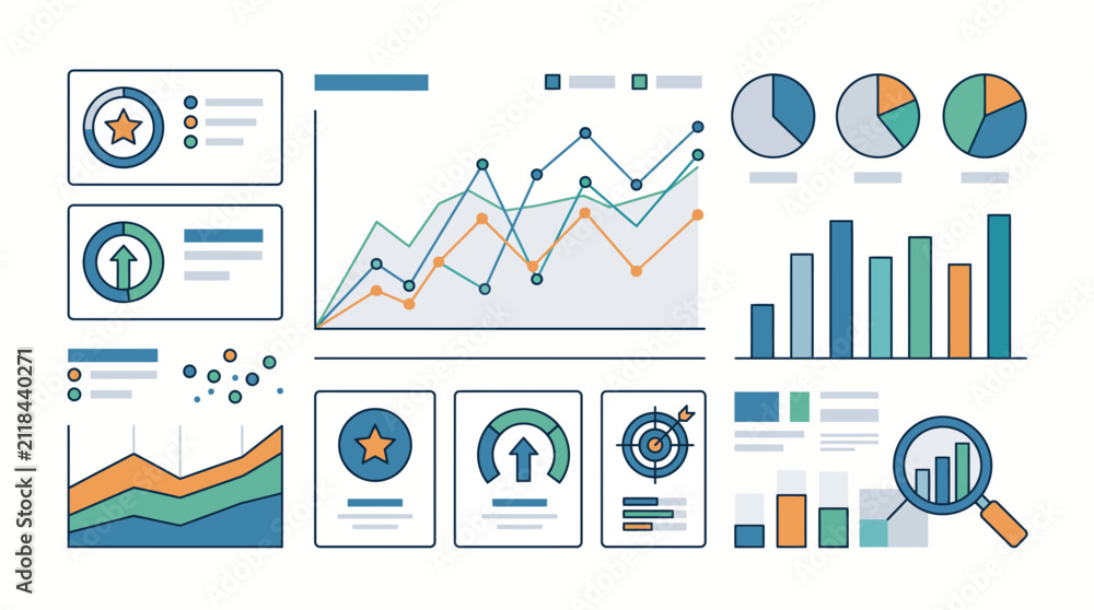 Fototapeta premium Startup workflow and BUSINESS concept illustrated with diverse data charts, graphs, and analytics for financial