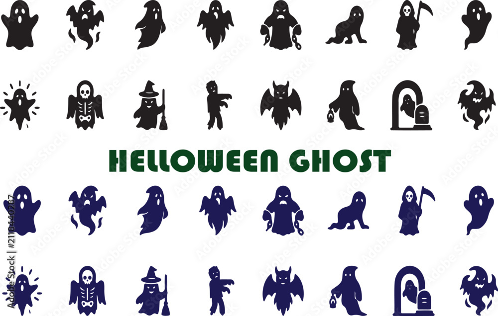 Fototapeta premium Halloween ghost and monster icons set in blue and black vector style