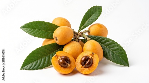 Fresh ripe loquat fruits with green leaves on white background, tropical