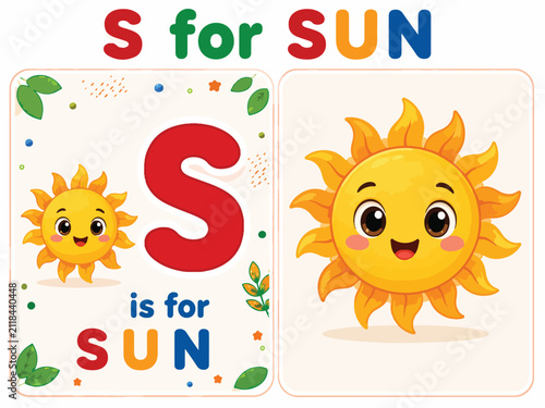 Educational alphabet flashcard for letter S, cute cartoon sun character with smiling face, preschool learning vector for kids and toddlers