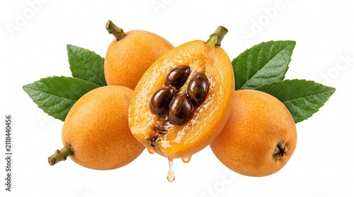 Ripe loquat fruits with one halved fruit and fresh green leaves