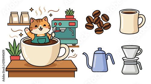 Cute cat barista serving coffee with various coffee making tools like beans, mug, kettle, and pour-over set.