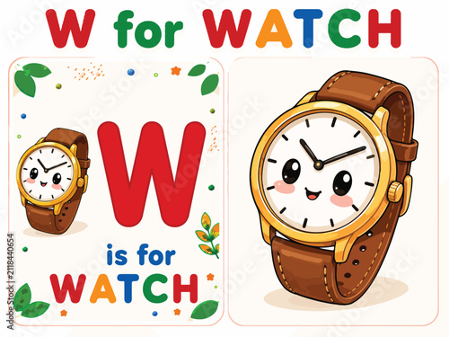 Alphabet letter W for watch educational flashcard, cute cartoon wristwatch character with smiling face, preschool learning vector illustration