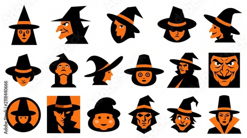 Collection of various witch faces with pointed hats for halloween decorations and spooky themed graphic design projects