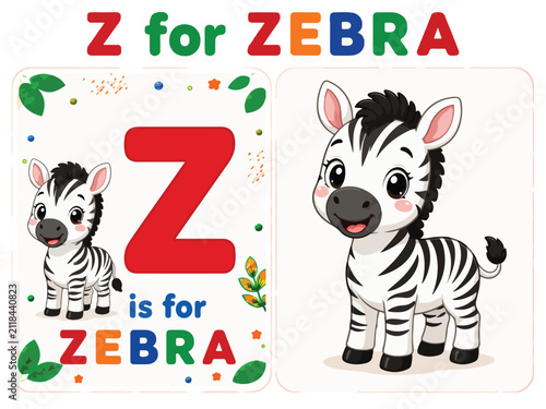 Cartoon zebra alphabet flashcard for letter Z, cute animal character educational vector, preschool learning activity with striped zebra illustration