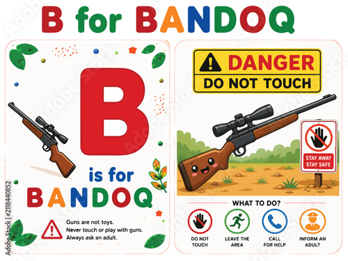 B for Bandoq alphabet flashcard and gun safety poster for kids, educational rifle illustration with danger warning signs, firearm awareness vector set