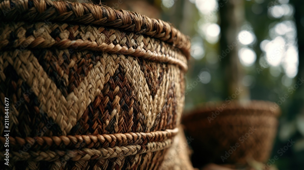Obraz premium Woven Wonders: A close-up shot of intricately woven baskets, showcasing detailed patterns and natural textures, set against a soft-focus natural background.