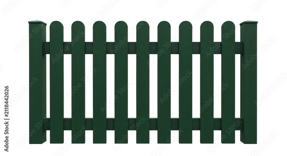 Obraz premium dark green wooden picket fence with curved tops isolated on transparent background