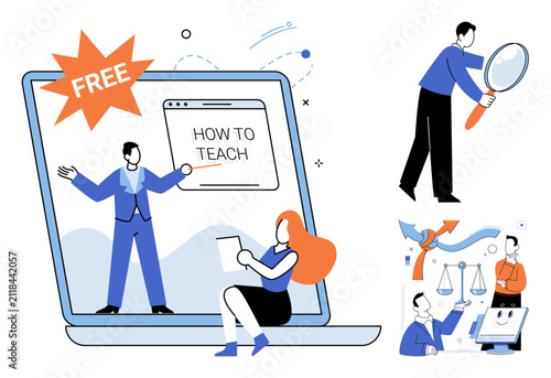 People learning and teaching on digital devices vector illustration. E-learning, professional development, remote education, business training, digital skills, online courses. Virtual classroom