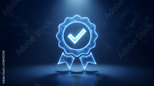Futuristic glowing blue checkmark badge with ribbon, intricate neon light details, dark gradient background, D rendering of approval symbol with soft ambient lighting featuring success and icon