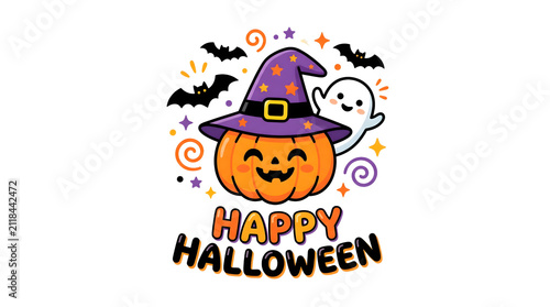 Cute happy halloween sticker with cheerful pumpkin, friendly ghost, bats, and stars.