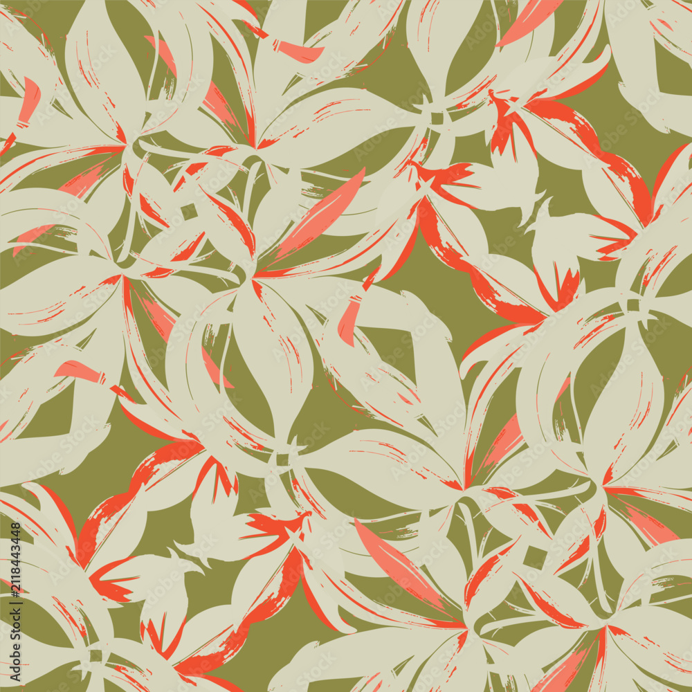 Fototapeta premium Modern abstract seamless tropical leaf pattern with coral and olive tones. Ideal for fashion, textile, apparel, wallpaper, and background design. 