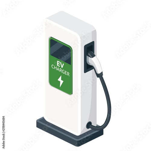 Isometric EV Charging Station Isolated on White Background. Vector Illustration.