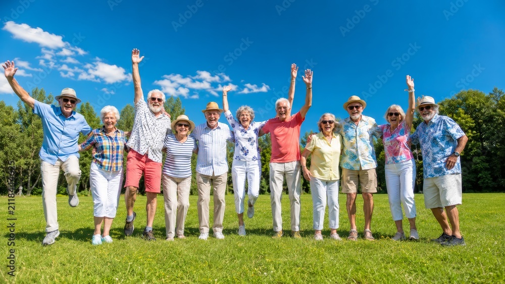 Obraz premium Joyful Group of Seniors Jumping and Celebrating in a Sunny Park