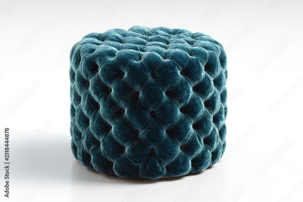 Obraz premium A plush teal ottoman with a unique textured fabric sits elegantly, showcasing its modern design and inviting comfort.