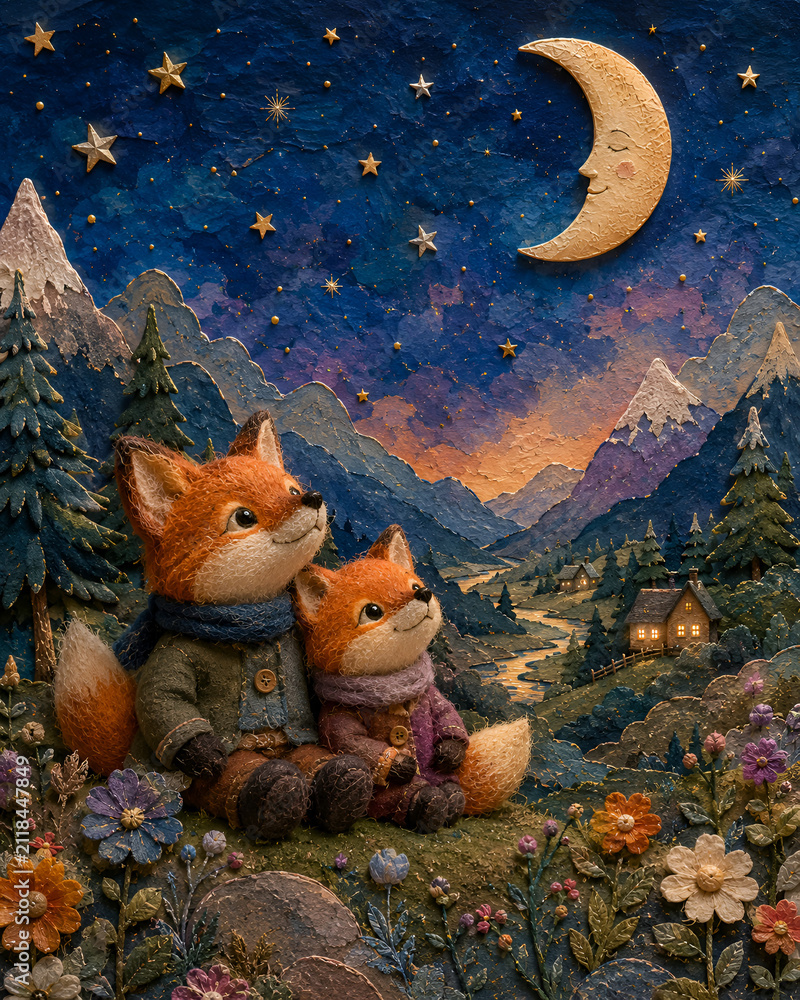 Obraz premium two foxes staring at the galaxy