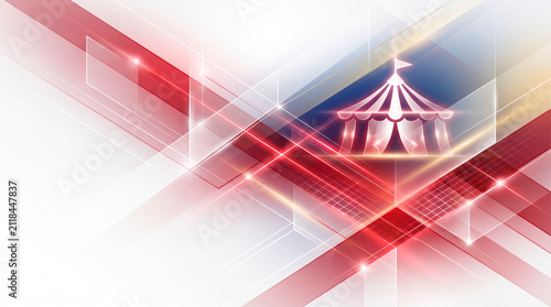 Abstract circus background with glowing circus tent icon, red geometric glass shapes, futuristic digital design, bright light effects, entertainment concept, copy space.