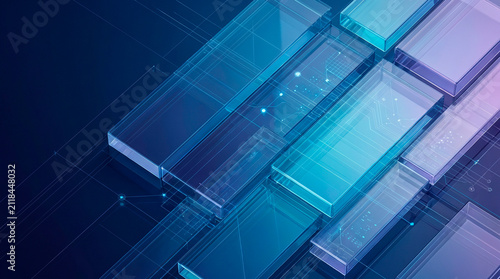 Abstract technology background with transparent glass rectangles, blue geometric layers, futuristic digital interface, data network, AI, fintech, cybersecurity, 3D glass blocks, innovation concept.