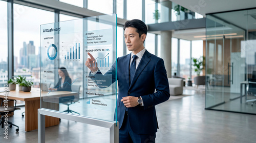 Businessman using transparent AI dashboard in modern office, business analytics, data visualization, artificial intelligence, digital interface, fintech, business technology