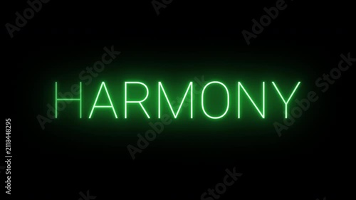 Flickering neon green glowing harmony sign animated black background.