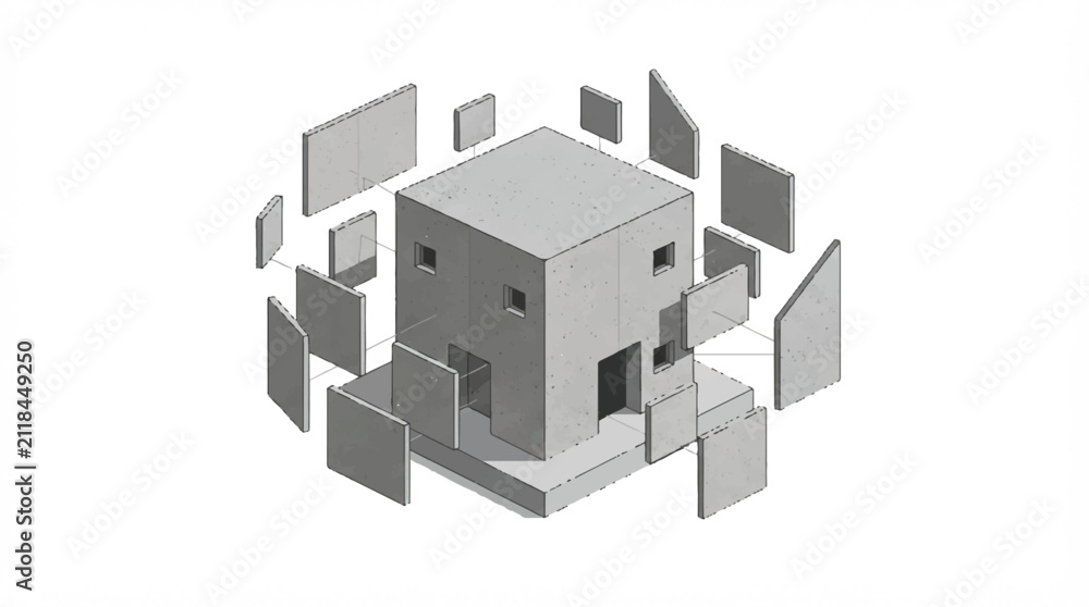 Naklejka premium 3D Isometric Modern City Building Architecture Model with Residential Homes, Real Estate Design Concept and Urban Construction Illustration