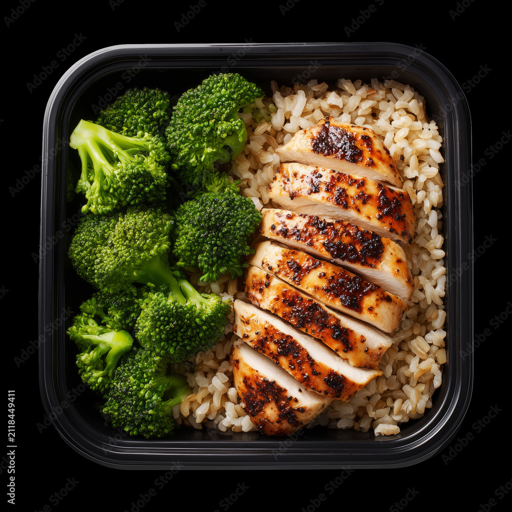 Obraz premium Healthy grilled chicken, brown rice, and broccoli in plastic meal container isolated on black background with clipping path