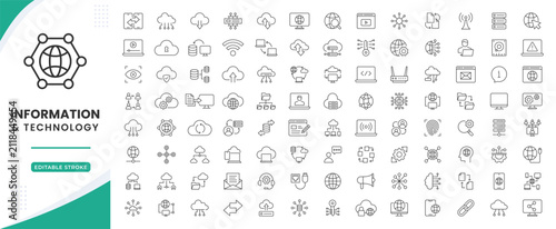 Information technology line icons set in editable stroke. Information Technology - IT  icon collection. Programming, Network, Website, Process, Internet, Data, Technology symbol Vector