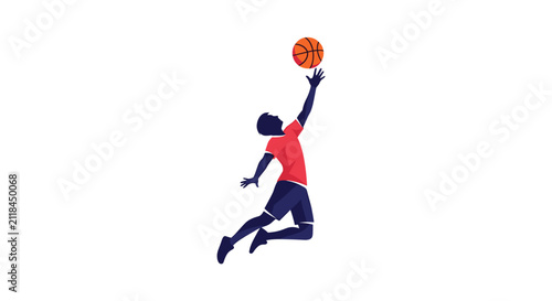 Basketball player silhouetted in dark blue and red jumping high to shoot the ball on a solid white background.