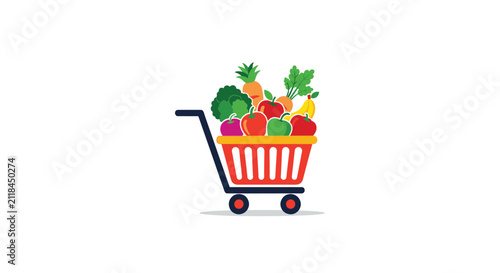 Grocery cart filled to the brim with fresh organic vegetables and fruits representing healthy food shopping and retail.