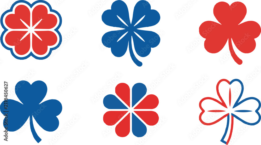 Obraz premium Assorted red and blue clover leaf icons for holiday symbols and graphic design elements with shamrock, graphics