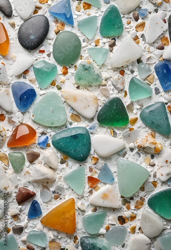 A pile of broken glass shards, Extreme macro photography of a polished recycled terrazzo surface