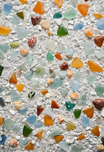 A pile of broken glass shards, Extreme macro photography of a polished recycled terrazzo surface