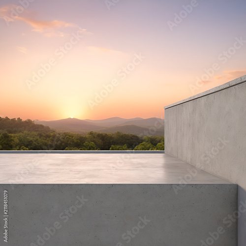 A concrete wall, Front view of a smooth polished concrete architectural ledge against a soft gradient sunset sky