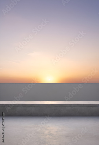 A bench sitting on a concrete ledge overlooking a sunset, Front view of a smooth polished concrete architectural ledge against a soft gradient sunset sky