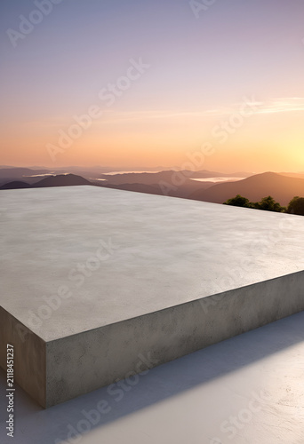 A concrete structure with a view of a mountain, Front view of a smooth polished concrete architectural ledge against a soft gradient sunset sky