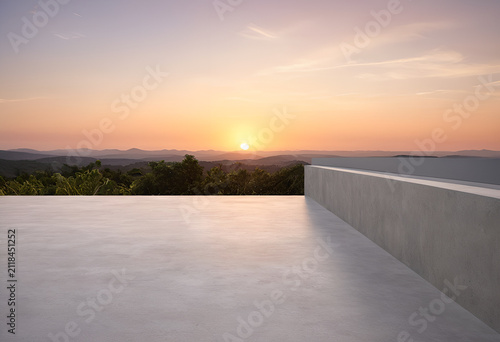 A view of a sunset from a rooftop, Front view of a smooth polished concrete architectural ledge against a soft gradient sunset sky