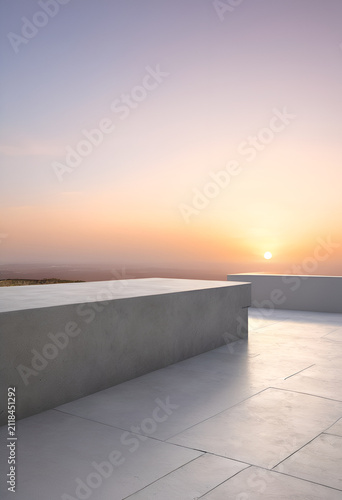 A bench on a roof with a view of the sunset, Front view of a smooth polished concrete architectural ledge against a soft gradient sunset sky