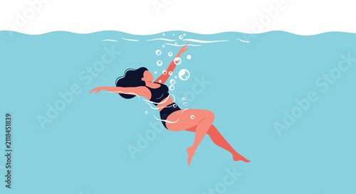 Elegant illustration of a woman in a black swimsuit swimming gracefully underwater surrounded by rising air bubbles.