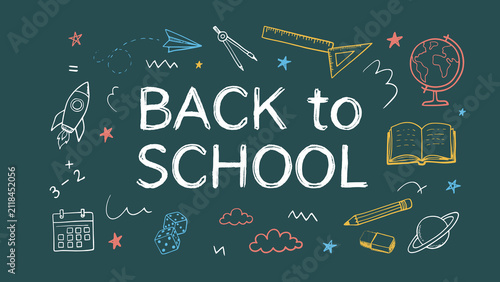 Creative illustration of back to school elements with chalkstyle lettering on a chalkboard
