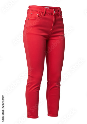 high-quality, vibrant crimson red women's slim-fit denim trousers, visible woven texture and silver button detail, isolated on transparent studio background. concept for premium fashion retail