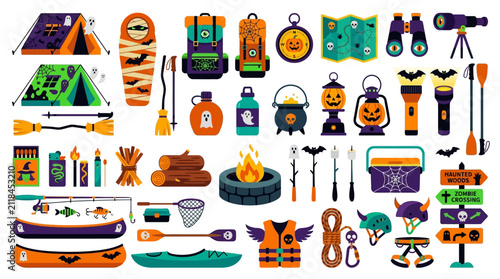 An extensive array of Halloween camping gear, outdoor equipment, and holiday-themed accessories are displayed as flat illustrations.