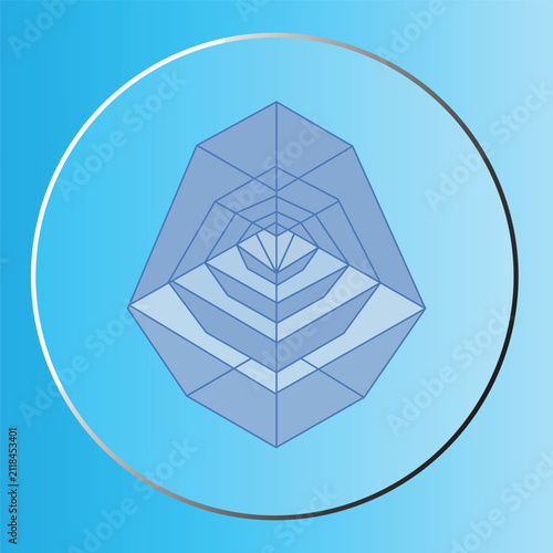 Abstract Geometric 3D Crystal Gemstone Icon with Blue Gradient Background and Metallic Ring Frame