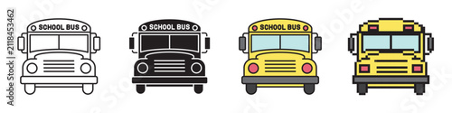 School bus icon set with line, editable stroke, solid, color fill and pixel art style isolated on white background. Back to school concept vehicle symbol.