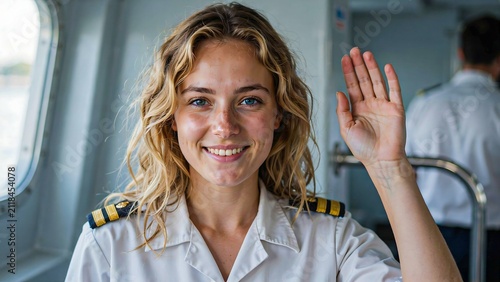 Smiling female ship captain waving while standing inside modern vessel bridge