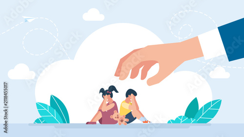 Fotografía Big adult hand threatening crying frightened children