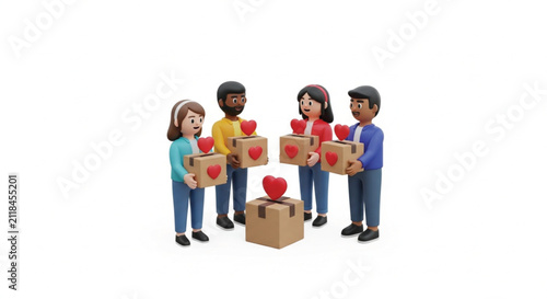 Diverse Community Members Collecting Donations with Heart Symbols and Boxes