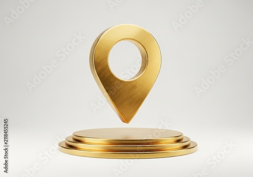 Elegant 3D Golden Map Pin Icon Floating Over a Metallic Podium for Premium Location and Luxury Travel Concepts