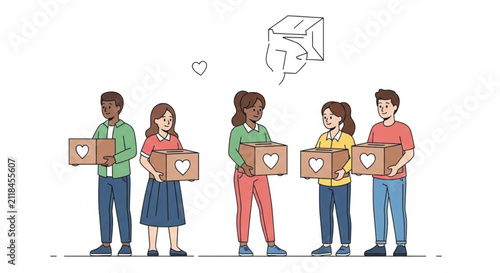 Diverse community members holding donation boxes with hearts, symbolizing charity and giving