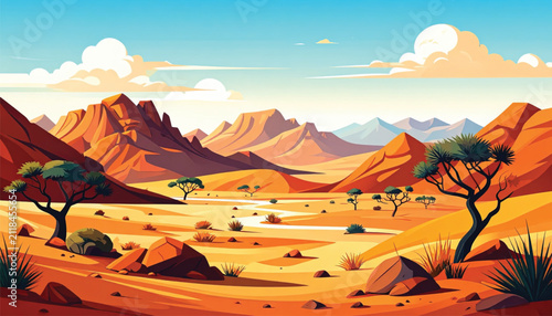 Stylized Desert Landscape Vector Art with Mountains, Silhouette Tree, and Desert Flora