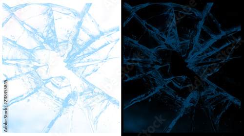 Bild auf Leinwand Shattered glass texture with radial cracks, broken window surface on white and b